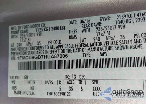 2017 Ford Escape Se из США, поврежденный, VIN 1FMCU9GD7HUA87006